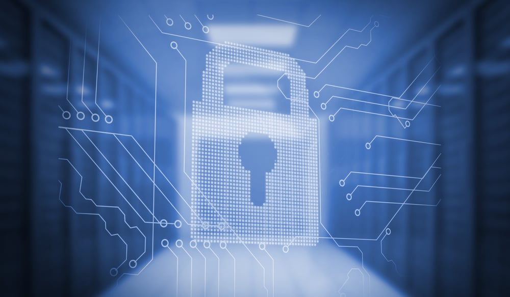 A blue cyber padlock to suggest data protection in our blog post on fortifying the digital fortress against ransomware, data exfiltration, and more.